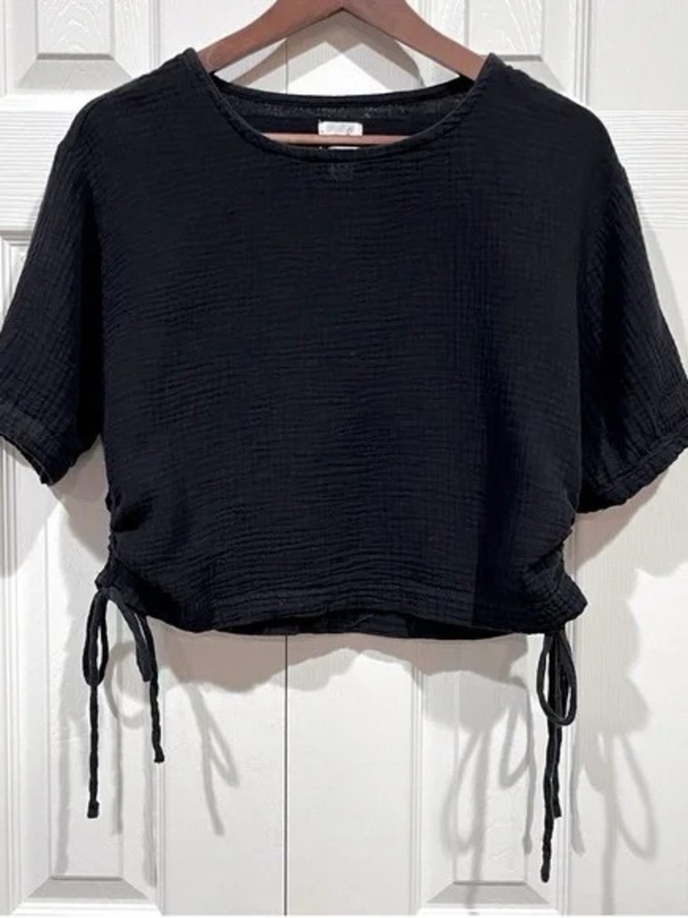 just be Black Cropped Drawstring Top